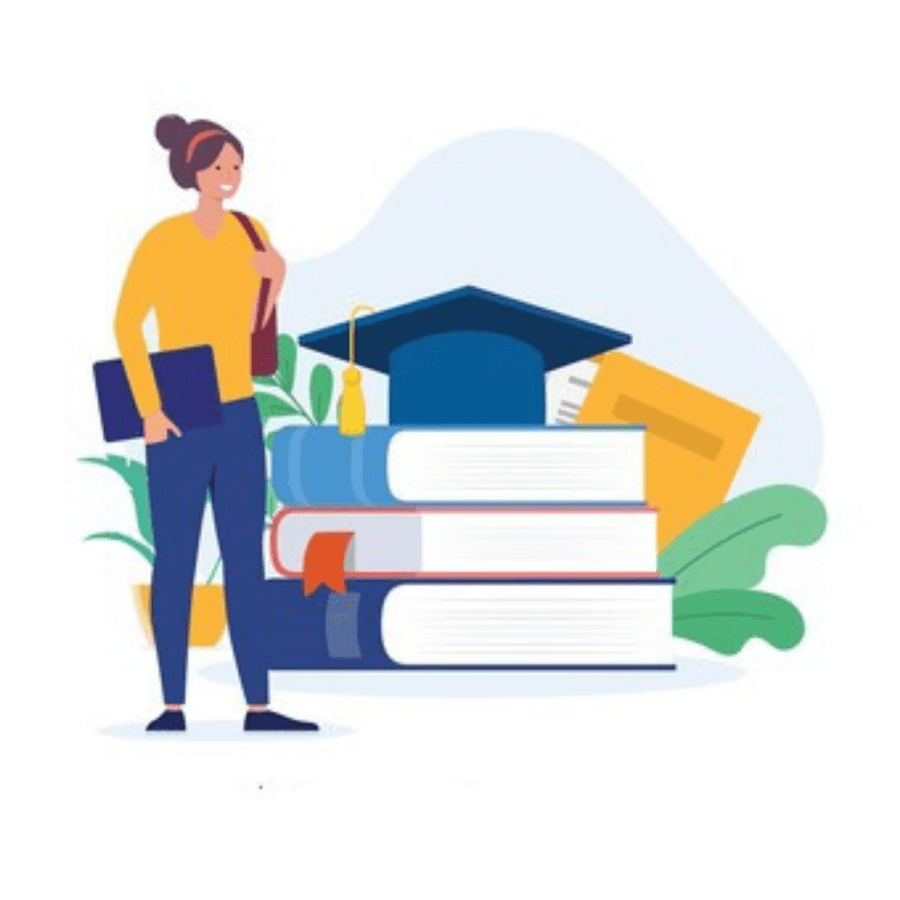 Illustration d’une étudiante entourée de livres et d’une toque de diplôme