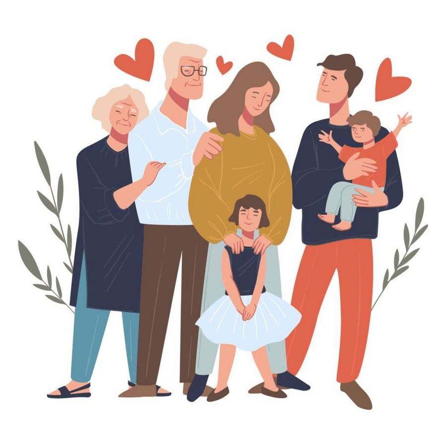 Illustration d’une famille sur plusieurs générations réunie avec tendresse