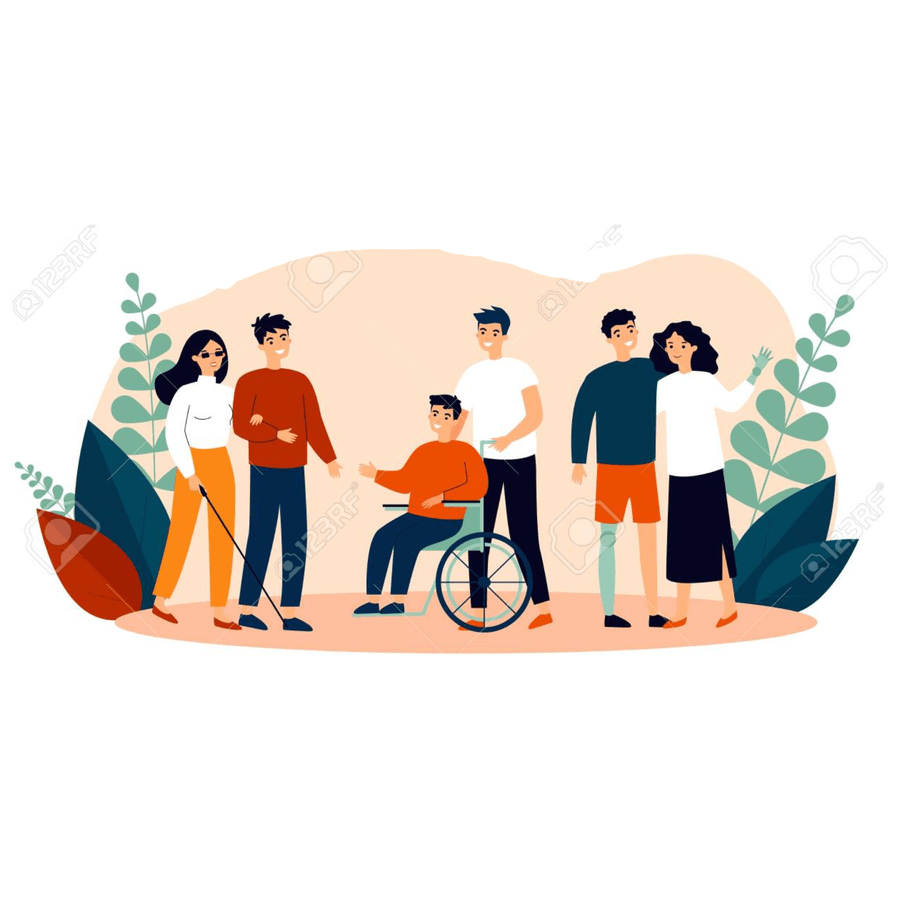Illustration d’un groupe inclusif, dont une personne en fauteuil roulant