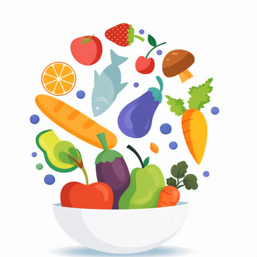 Illustration d’un bol de fruits et légumes frais