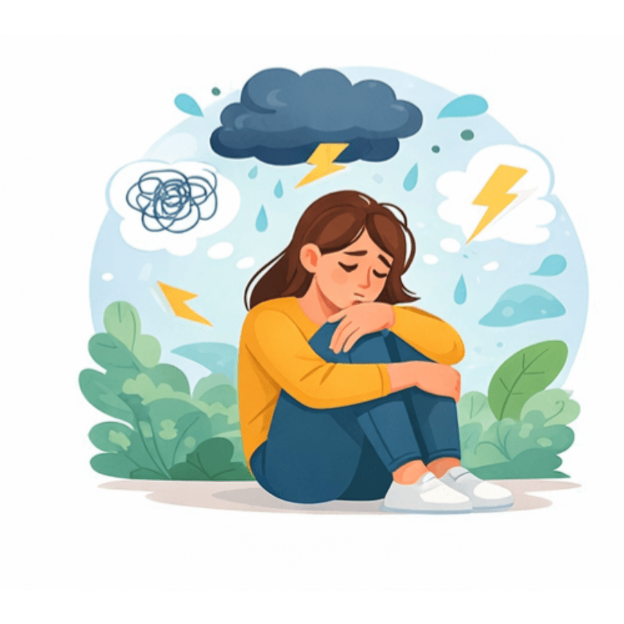 Illustration d’une personne anxieuse sous un nuage d’orage